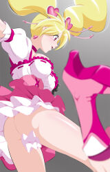 Rule 34 | 1girl, ass, blonde hair, boots, breasts, choker, cure peach, earrings, fresh precure!, fuchi (nightmare), gradient background, grey background, hair ornament, heart, heart earrings, heart hair ornament, high heel boots, high heels, highres, jewelry, knee boots, large breasts, long hair, magical girl, momozono love, open mouth, pink choker, pink eyes, pink footwear, pink skirt, precure, puffy short sleeves, puffy sleeves, shirt, short sleeves, skirt, smile, solo, twintails, white shirt