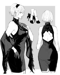 Rule 34 | 1girl, 2b (nier:automata), absurdres, back cutout, bare shoulders, breasts, closed mouth, clothing cutout, commentary, dress, flower, from behind, from side, gloves, grey background, greyscale, hair flower, hair ornament, hairband, hand on own chest, hand up, high heels, highres, jewelry, lips, medium breasts, monochrome, multiple views, nier:automata, nier (series), nishiii26miii, short hair, simple background, sleeveless, sleeveless dress, symbol-only commentary, turtleneck