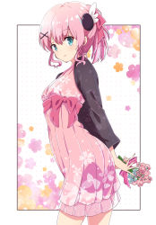 Rule 34 | 1girl, aqua eyes, arms behind back, bouquet, breasts, chiyoda momo, cleavage, closed mouth, commentary request, dress, flower, hair ornament, highres, holding, holding bouquet, long sleeves, looking at viewer, machikado mazoku, medium breasts, mel (melty pot), pink dress, pink hair, ponytail, short hair, smile, solo, x hair ornament