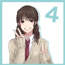Rule 34 | 1girl, :d, aqua border, border, braid, brown eyes, brown hair, collared shirt, commentary, countdown, diagonal-striped clothes, diagonal-striped necktie, double v, grin, hands up, ishii haruna, light blush, long sleeves, looking at viewer, medium hair, mole, mole under eye, necktie, nigari (ngari 0115), open mouth, real life, red necktie, school uniform, shirt, simple background, sleeves past wrists, smile, solo, striped clothes, twin braids, v, voice actor, white background, white shirt