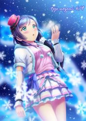 Rule 34 | 1girl, b.ren, breath, character name, commentary, detached sleeves, dress, fur trim, green eyes, hair over shoulder, hand up, hat, long hair, love live!, love live! school idol project, low-tied long hair, mini hat, pom pom (clothes), purple hair, scrunchie, skirt, snow halation, snowflakes, snowing, solo, tojo nozomi, white dress