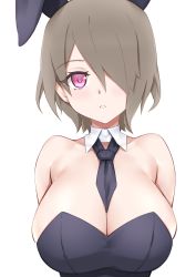 Rule 34 | 1girl, animal ears, arms behind back, bare shoulders, black neckwear, blush, breasts, cleavage, commentary request, fake animal ears, hair over one eye, highres, honkai (series), honkai impact 3rd, jilu, large breasts, leotard, looking at viewer, parted lips, pink eyes, playboy bunny, rabbit ears, rita rossweisse, simple background, solo, teeth, white background