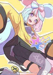 1girl absurdres blue_hair blush bow-shaped_hair breasts character_hair_ornament creatures_(company) game_freak gen_1_pokemon grey_pantyhose hair_ornament highres iono_(pokemon) jacket long_hair long_sleeves looking_at_viewer magnemite multicolored_hair nintendo open_mouth pantyhose pink_hair pokemon pokemon_sv rono_(lethys) sharp_teeth shirt single_leg_pantyhose sleeveless sleeves_past_fingers sleeves_past_wrists smile split-color_hair teeth two-tone_hair very_long_sleeves yellow_jacket