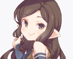 Rule 34 | 1girl, arulumaya, bare shoulders, brown eyes, brown hair, closed mouth, granblue fantasy, grey background, harvin, jingai modoki, light blush, long hair, looking at viewer, mole, mole under eye, pointy ears, portrait, simple background, smile, solo, upper body, white background