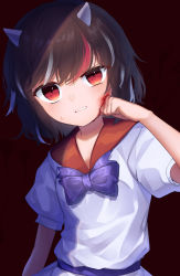 Rule 34 | 1girl, black hair, blood, blood on face, blush, bow, bowtie, clenched hand, clenched teeth, dress, frown, grey horns, hand on own face, hand up, highres, horns, injury, kijin seija, kisamu (ksmz), looking at viewer, medium hair, multicolored hair, parted lips, red eyes, red hair, solo, streaked hair, teeth, touhou, upper body, white dress, white hair