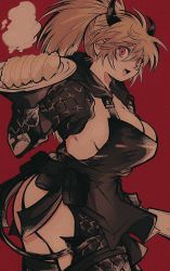 Rule 34 | 1girl, :d, apron, ass, belt pouch, black apron, black gloves, black horns, blonde hair, breasts, chaps, cleavage, commentary, cowboy shot, demon horns, demon tail, dorohedoro, dumpling, food, from side, gloves, hair between eyes, highres, holding, holding food, holding knife, holding plate, hood, hood down, horns, jiaozi, knife, large breasts, long hair, looking at viewer, naked apron, nikaidou (dorohedoro), open mouth, pikurusu, plate, ponytail, pouch, red eyes, shrug (clothing), sideboob, smile, solo, steam, symbol-only commentary, tail