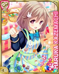 Rule 34 | 1girl, :d, apron, blazer, blue bow, blue jacket, blue skirt, blush, bow, bowtie, brown hair, rabbit hair ornament, cardigan, character name, day, girlfriend (kari), hair ornament, hairclip, indoors, jacket, kazemachi haruka, long sleeves, looking at viewer, official art, open mouth, pink eyes, plaid, plaid skirt, qp:flapper, school uniform, short hair, skirt, smile, solo, tareme, treble clef