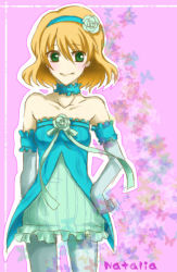 Rule 34 | 00s, 1girl, bare shoulders, breasts, character name, choker, detached sleeves, flower, frills, green eyes, hairband, natalia luzu kimlasca lanvaldear, orange hair, pantyhose, pink background, rose, smile, tales of (series), tales of the abyss