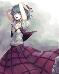 Rule 34 | 1girl, arm behind head, black bra, bra, breasts, cleavage, female focus, green hair, kazami yuuka, lingerie, looking at viewer, open clothes, open mouth, open shirt, plaid, plaid skirt, plaid vest, red eyes, semicolon, shirt, short hair, skirt, skirt set, solo, touhou, underwear, vest, wind