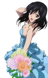 Rule 34 | 10s, 1girl, :d, black hair, blue dress, bouquet, breasts, brown eyes, cleavage, collarbone, dress, floating hair, flower, from side, green flower, hand in own hair, himeragi yukina, holding, holding bouquet, jewelry, looking at viewer, medium breasts, necklace, open mouth, orange flower, pink flower, shiny skin, sleeveless, sleeveless dress, smile, solo, standing, strapless, strapless dress, strike the blood, transparent background