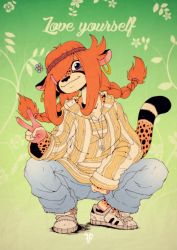 Rule 34 | 1girl, absurdres, animal hands, animal nose, artist name, blue eyes, blue flower, blue pants, braid, breasts, cheetah ears, cheetah girl, cheetah tail, claws, closed mouth, collarbone, covered erect nipples, earrings, english text, female focus, floral background, flower, fox-pop vli, full body, furry, furry female, gradient background, green background, hair flower, hair ornament, hair over one eye, hair tie, hairband, hairclip, hand up, happy, highres, hippie, hoop earrings, jewelry, long hair, looking at viewer, necklace, one eye covered, orange hair, original, pants, pocket, red hairband, retro artstyle, shoes, sidelocks, sleeves past wrists, small breasts, smile, solo, spread legs, squatting, striped clothes, striped sweater, sweater, swept bangs, twin braids, twintails, v, watermark, white footwear, yellow sweater