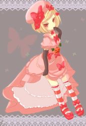 Rule 34 | 1girl, blonde hair, bow, bug, butterfly, dress, elbow gloves, gloves, hair bow, hair ornament, hair ribbon, hairclip, hat, insect, jewelry, kneehighs, lambdadelta, necklace, pink hat, pitterpat, red eyes, ribbon, socks, solo, striped clothes, striped socks, umineko no naku koro ni
