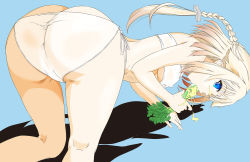 Rule 34 | 1girl, all fours, ass, asunogear, bikini, blonde hair, blue background, blue eyes, braid, braided ponytail, breasts, cevio, eating, covered erect nipples, food, highres, holding, holding food, kneepits, limited palette, long hair, looking at viewer, looking back, one (cevio), ponytail, shadow, side-tie bikini bottom, sidelocks, simple background, small breasts, solo, strapless, strapless bikini, swimsuit, tube top, underboob, white bikini
