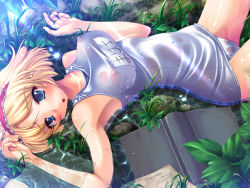 Rule 34 | 1girl, alice margatroid, armpits, blonde hair, blue eyes, blush, book, breasts, covered erect nipples, female focus, hairband, ichio, lying, medium breasts, nipples, one-piece swimsuit, ribbon, school swimsuit, see-through, shiny clothes, short hair, solo, swimsuit, touhou, translated, water, wet, wet clothes, white one-piece swimsuit, white school swimsuit