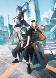Rule 34 | 3girls, animal ears, ankle boots, arknights, arm ribbon, armor, bare shoulders, black coat, black footwear, black gloves, black headwear, black pants, black shorts, blonde hair, blue eyes, blue hair, boots, breastplate, breasts, brown eyes, brown legwear, building, bus stop, ch&#039;en (arknights), city, closed mouth, coat, copyright name, day, dragon girl, dragon horns, dragon tail, earpiece, fingerless gloves, full body, gloves, green hair, hat, high heel boots, high heels, highres, horns, hoshiguma (arknights), knee pads, long hair, long sleeves, looking at viewer, low ponytail, medium breasts, multiple girls, official art, open clothes, open coat, outdoors, pants, parted bangs, parted lips, reoen, ribbon, ringlets, shin guards, shirt, short shorts, short sleeves, shorts, single horn, sitting, skin-covered horns, standing, swire (arknights), tail, thighhighs, tiger ears, tiger girl, tiger tail, very long hair, white shirt, zettai ryouiki