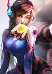 Rule 34 | 1girl, ;), animal print, armor, bodysuit, bread slice, breasts, brown eyes, brown hair, cowboy shot, d.va (overwatch), eyelashes, facepaint, facial mark, food, food in mouth, freckles, gloves, headphones, high collar, highres, large breasts, lipstick, long hair, makeup, meka (overwatch), mouth hold, mummy (hellomummy), one eye closed, overwatch, overwatch 1, pauldrons, pilot suit, rabbit print, red lips, ribbed bodysuit, shoulder armor, shoulder pads, skin tight, smile, solo, swept bangs, toast, toast in mouth, turtleneck, whisker markings