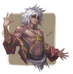 Rule 34 | 1boy, abs, absurdres, bracelet, collarbone, dark-skinned male, dark skin, dated, grin, hair between eyes, highres, jay b lee, jewelry, looking at viewer, male focus, messy hair, millennium ring, mixed-language commentary, necklace, pectorals, scar, scar across eye, scar on face, short hair, silver hair, smile, solo, touzokuou bakura, upper body, wide sleeves, yu-gi-oh!, yu-gi-oh! duel monsters