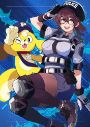 Rule 34 | 1girl, astral chain, azuumori, badge, belt pouch, boots, breasts, brown hair, chain, commentary, english commentary, glasses, gloves, green eyes, hat, highres, holster, knee pads, lappy, large breasts, looking at viewer, marie wentz, mascot costume, miniskirt, necktie, one eye closed, open mouth, pantyhose, police, police hat, police uniform, policewoman, pouch, revision, salute, shoes, short hair, skirt, smile, thighhighs, tongue, tongue out, uniform