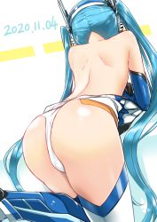 Rule 34 | 1girl, 2020, ass, black gloves, blue hair, blue sleeves, clothes down, dated, detached sleeves, floating hair, from behind, gloves, headphones, highres, long hair, long sleeves, ore twintail ni narimasu, panties, shiny skin, shoulder blades, solo, tailblue, thighhighs, topless, twintails, underwear, very long hair, white background, white panties, white thighhighs, yuto (dialique)