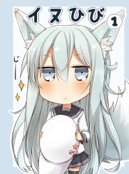 Rule 34 | 10s, 1girl, :&lt;, animal ears, bad id, bad twitter id, black pantyhose, black skirt, black thighhighs, chibi, commentary request, dog ears, dog tail, flat cap, fox ears, fox tail, hammer and sickle, hat, hibiki (kancolle), highres, kantai collection, kemonomimi mode, long hair, long sleeves, nonono (mino), pantyhose, pleated skirt, silver hair, simple background, skirt, solo, tail, thighhighs, verniy (kancolle)