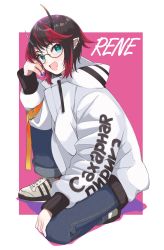 Rule 34 | 1girl, nanashi inc., alternate costume, black hair, blue eyes, blue pants, blush, character name, clothes writing, commentary request, demon girl, demon horns, denim, full body, glasses, highres, hood, hoodie, horns, jeans, long sleeves, looking at viewer, multicolored hair, nail polish, on one knee, open mouth, pants, pink background, pointy ears, purple nails, red hair, round eyewear, russian text, ryugasaki rene, shoes, short hair, smile, sneakers, solo, sugar lyric, two-tone hair, virtual youtuber, white hoodie, zono (inokura syuzo029)