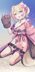 Rule 34 | 1girl, animal ear fluff, animal ears, animal hands, belt, black sash, blonde hair, dog ears, dog girl, dog paws, dog tail, ear flower, floral print kimono, flower, hair flower, hair ornament, highres, hololive, hololive english, inaba meto, japanese clothes, kimono, looking at viewer, mococo abyssgard, mococo abyssgard (new year), multicolored hair, obi, official alternate costume, open mouth, pink belt, pink hair, pink kimono, sash, short hair, sleeveless, sleeveless kimono, smile, solo, streaked hair, tail, thigh strap, twintails, virtual youtuber