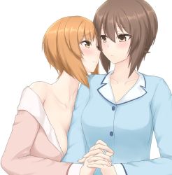 Rule 34 | 10s, 2girls, blonde hair, blue shirt, blush, breasts, brown eyes, brown hair, cleavage, collarbone, couple, girls und panzer, holding hands, incest, kurocat0701, long sleeves, looking at another, medium breasts, multiple girls, nishizumi maho, nishizumi miho, pajamas, pink shirt, shirt, short hair, siblings, simple background, sisters, smile, unbuttoned, unbuttoned shirt, upper body, yuri