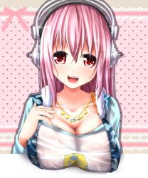 Rule 34 | 1girl, blush, breast rest, breasts, cleavage, evandragon, female focus, fourth wall, headphones, heart, heart background, highres, hood, hoodie, large breasts, long hair, looking at viewer, nitroplus, open mouth, pink hair, polka dot, polka dot background, red eyes, see-through, solo, super sonico, wet, wet clothes