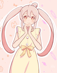 Rule 34 | 1girl, ahoge, bare arms, brown eyes, commentary, dress, hair between eyes, heart, heart hands, highres, long hair, looking at viewer, omochi tabeyo97, onii-chan wa oshimai!, outline, oyama mahiro, pink hair, simple background, sleeveless, sleeveless dress, smile, solo, twintails, white outline, yellow dress