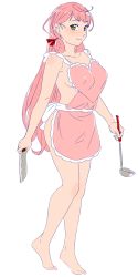 Rule 34 | 1girl, akashi (kancolle), alternate costume, apron, barefoot, breasts, feet, frilled apron, frills, full body, green eyes, hair ribbon, highres, holding, holding knife, holding ladle, kantai collection, knife, ladle, long hair, looking at viewer, medium breasts, naked apron, ojipon, pink apron, red ribbon, ribbon, sideboob, simple background, smile, solo, standing, tress ribbon, very long hair, white background