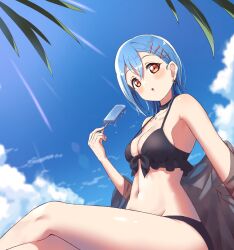 Rule 34 | 1girl, armpits, bare shoulders, blue hair, blush, breasts, buson0120, cleavage, cloud, crossed legs, earrings, food, hair ornament, hairclip, highres, holding, holding food, holding ice cream, hoop earrings, ice cream, jewelry, light rays, looking at viewer, love live!, love live! superstar!!, medium breasts, medium hair, navel, orange eyes, outdoors, parted lips, see-through, sitting, sky, solo, wakana shiki