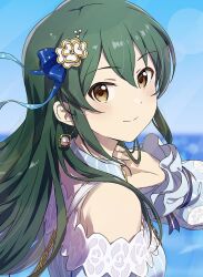Rule 34 | 1girl, ayano yuu (sonma 1426), bare shoulders, blue ribbon, blue shirt, blue sky, blurry, blurry background, blush, brown eyes, closed mouth, day, detached collar, dot nose, earrings, from side, green hair, hair between eyes, hair ribbon, hand up, highres, horizon, idolmaster, idolmaster million live!, jewelry, long hair, looking at viewer, off-shoulder shirt, off shoulder, ohishi izumi, outdoors, raised eyebrows, ribbon, shirt, sidelocks, sky, smile, solo, straight hair, striped clothes, striped shirt, upper body