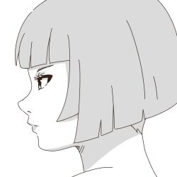 Rule 34 | 1girl, copyright request, from side, greyscale, kuro kosyou, monochrome, portrait, profile, short hair, simple background, solo, thick eyebrows, white background