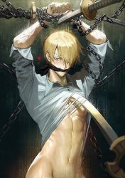 Rule 34 | 1boy, abs, aqua shirt, blonde hair, blush, bottomless, chain, collared shirt, cuffs, foreshortening, gagged, hair over one eye, handcuffs, katana, male focus, naked shirt, navel, one piece, out-of-frame censoring, pov, runa (nori31291404), sanji (one piece), shirt, short hair, solo, solo focus, sword, tearing clothes, toned, toned male, torn clothes, underpec, weapon