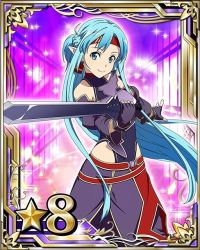 Rule 34 | 1girl, armor, asuna (sao), asuna (sao-alo), blue eyes, blue hair, breastplate, card (medium), cosplay, covered navel, fingerless gloves, gloves, holding, holding sword, holding weapon, long hair, looking at viewer, matching hair/eyes, ponytail, purple armor, purple gloves, smile, solo, star (symbol), sword, sword art online, weapon, yuuki (sao), yuuki (sao) (cosplay)