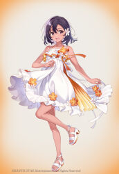 1girl black_hair braid braided_bangs brown_background brown_eyes brown_flower commentary_request dark-skinned_female dark_skin dress flower frilled_dress frills fujima_takuya full_body hair_between_eyes hair_flower hair_ornament sandals sleeveless sleeveless_dress solo standing standing_on_one_leg takagi_rin utahime_dream white_dress white_flower white_footwear