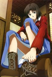 Rule 34 | 1girl, barefoot, boots, brown hair, cross-laced footwear, feet, hands on feet, jacket, japanese clothes, kara no kyoukai, kimono, lace-up boots, no socks, red jacket, ryougi shiki, shoes, short hair, single shoe, solo, toes, type-moon