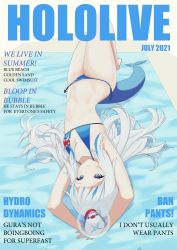 Rule 34 | 1girl, 2021, absurdres, armpits, arms up, bikini, bloop (gawr gura), blue bikini, blue eyes, blue towel, breasts, copyright name, cover, dated, ehddus, fake magazine cover, fins, fish tail, gawr gura, highres, hololive, hololive english, july, knees up, long hair, lying, magazine cover, navel, on back, shark girl, shark tail, side-tie bikini bottom, silver hair, small breasts, smile, solo, swimsuit, tail, thighs, towel, virtual youtuber