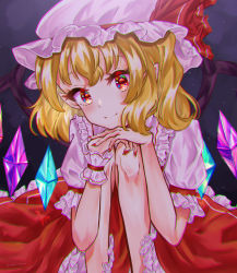Rule 34 | 1girl, absurdres, blonde hair, chromatic aberration, closed mouth, crystal, flandre scarlet, frilled shirt collar, frilled sleeves, frills, gagaku kawa rei, hands on own knees, hat, hat ribbon, head tilt, highres, looking at viewer, medium hair, mob cap, multicolored wings, nail polish, puffy short sleeves, puffy sleeves, red eyes, red nails, red ribbon, ribbon, shirt, short sleeves, smile, solo, touhou, white hat, white shirt, wings, wrist cuffs