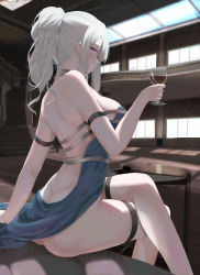Rule 34 | 1girl, ak-12 (girls&#039; frontline), ak-12 (quiet azure) (girls&#039; frontline), alcohol, armlet, ass, back, backless dress, backless outfit, bare shoulders, blue dress, blush, breasts, butt crack, closed mouth, cocktail dress, commentary request, counter, crossed legs, cup, dress, from behind, girls&#039; frontline, glass, glowing, glowing eyes, halterneck, high ponytail, highres, holding, holding cup, indoors, large breasts, looking to the side, no panties, official alternate costume, pale skin, pink eyes, ru zhai, sideboob, sidelocks, silver hair, sitting, solo, stairs, table, thigh strap, thighs, window