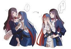 Rule 34 | 2girls, alear (female) (divine attire) (fire emblem), alear (female) (fire emblem), alear (fire emblem), blue hair, blush, bow, braid, breasts, cleavage cutout, closed eyes, clothing cutout, crossed bangs, crown braid, dress, female focus, fire emblem, fire emblem engage, height difference, highres, hug, ivy (fire emblem), long hair, matching hair/eyes, medium breasts, multicolored hair, multiple girls, nintendo, official alternate costume, open mouth, oratoza, purple eyes, purple hair, red hair, romper, shorts, sleeves rolled up, smile, split-color hair, tiara, two-tone hair, very long hair, yuri