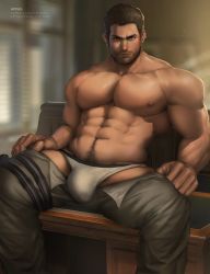 Rule 34 | 1boy, abs, absurdres, appas, bara, bare pectorals, beard, brown hair, bulge, chris redfield, facial hair, feet out of frame, highres, large pectorals, male focus, male underwear, muscular, navel, navel hair, nipples, open pants, pants, pectorals, realistic, resident evil, resident evil 5, see-through, topless male, short hair, sitting, solo, thighs, undressing, white briefs, white male underwear