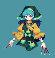 Rule 34 | 1girl, 4qw5, apron, between fingers, blue background, blue hair, closed mouth, cropped torso, flower, green apron, green headwear, haniyasushin keiki, head scarf, highres, holding, jewelry, long hair, looking at viewer, magatama, magatama necklace, necklace, pixel art, pocket, purple eyes, simple background, single strap, smile, solo, touhou, white flower, wood carving tool