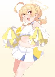 Rule 34 | 1girl, ?, absurdres, ahoge, bare shoulders, bifizu&#039;s gold, blonde hair, blue archive, blush, braid, breasts, cheerleader, commentary request, crop top, feet out of frame, hair between eyes, halo, highres, holding, holding pom poms, kotori (blue archive), kotori (cheer squad) (blue archive), large breasts, long hair, looking at viewer, midriff, miniskirt, navel, no nose, open mouth, pleated skirt, plump, pom pom (cheerleading), pom poms, red eyes, short twintails, simple background, skirt, solo, triangle halo, twintails, white skirt, yellow halo, yellow skirt