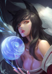 Rule 34 | 1girl, ahri (league of legends), animal ears, artist name, bare shoulders, black hair, breasts, cleavage, collarbone, dated, detached sleeves, energy ball, facial mark, fang, fingernails, fox ears, fox tail, korean clothes, large breasts, league of legends, li chunfu, lipstick, long hair, makeup, multiple tails, nail polish, parted lips, solo, tail, whisker markings, yellow eyes