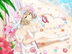 Rule 34 | 1girl, :d, ass, beach, belt, bikini, blonde hair, blue flower, blue rose, blue shell (mario), blush, bow, breasts, butt crack, cleavage, collar, detached sleeves, dimples of venus, flower, green eyes, green flower, green rose, hammock, haruka (senran kagura), heart, heart collar, high heels, highres, jewelry, large breasts, looking at viewer, necklace, official art, open mouth, orange flower, pearl anklet, pearl necklace, petals, pink bow, pink flower, pink rose, purple flower, purple rose, red belt, rose, seashell, senran kagura, senran kagura new link, shell, shore, short hair, smile, solo, sparkle, swept bangs, swimsuit, thighhighs, veil, water, white bikini, white sleeves, yaegashi nan, yellow flower, yellow rose