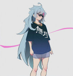 Rule 34 | 1girl, black shirt, chain, chain necklace, closed mouth, deal with it (meme), feet out of frame, girls&#039; frontline neural cloud, gradient shirt, grey background, grey hair, grey shorts, hair bobbles, hair ornament, highres, jewelry, kuro (neural cloud), long hair, looking at viewer, meme, multicolored hair, necklace, pink eyes, pink hair, postalworks, shirt, shorts, simple background, smile, solo, standing, streaked hair