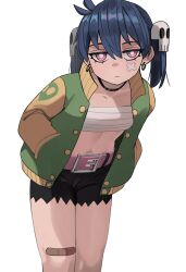 Rule 34 | 1girl, bandaid, bandaid on knee, bandaid on leg, belt, belt buckle, black choker, black shorts, blue hair, breasts, buckle, choker, closed mouth, collarbone, earrings, green jacket, hair between eyes, hair ornament, hands in pockets, highres, jacket, jewelry, ji-yoon (jourd4n), jourd4n, leaning forward, long sleeves, navel, open clothes, open jacket, original, pink belt, pink eyes, puffy long sleeves, puffy sleeves, sarashi, short shorts, shorts, simple background, skull hair ornament, small breasts, solo, twintails, white background