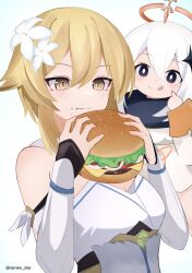 Rule 34 | 2girls, :p, black eyes, blonde hair, bright pupils, burger, commentary request, detached sleeves, dress, food, food on face, genshin impact, highres, holding, holding food, long sleeves, looking down, lumine (genshin impact), medium hair, multiple girls, paimon (genshin impact), simple background, tongue, tongue out, twitter username, upper body, white background, white dress, white hair, white pupils, yellow eyes, yun (kbdenz9)