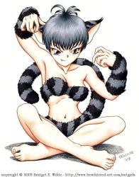 Rule 34 | animal ears, arm warmers, armpits, barefoot, body fur, cat ears, cat tail, fang, feet, grey eyes, grey hair, naughty face, solo, striped fur, striped tail, tail, toes